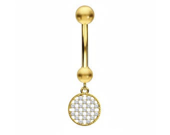 Abby gouden navelring met effen cirkelhanger, sierlijke navelpiercing, sprankelende dangle barbell, elegant lichaamsaccessoire voor vrouwen