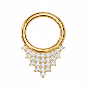 Brunhilde 14K Solid Gold Septum Piercing Triangle Clicker, Shimmering Sparkles Array Seamless Clicker Hoop Ring-Clear Gem, Gift For Her