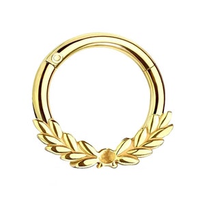 Kya 14K Solid Gold Laurel Leafs Septum, Hoop Ring Wreath Hoop Clicker, Daith Ring Tragus Clicker Cartilage, Helix Piercing Leaf Nose Ring