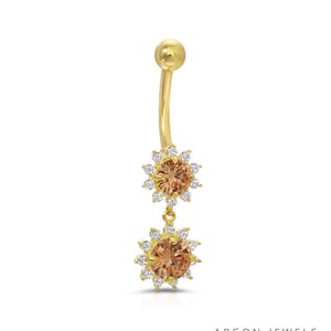 Freya 14K Yellow Gold Champagne CZ Double Dangle Belly Ring, Floral Halo Curved Barbell Navel Piercing, Elegant Jewelry Gift