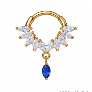 Avrora 14K Yellow Gold Dangle Septum Ring, Blue Sapphire CZ Marquise Diamond Style Hinged Clicker, Nose Jewelry Luxury Gift