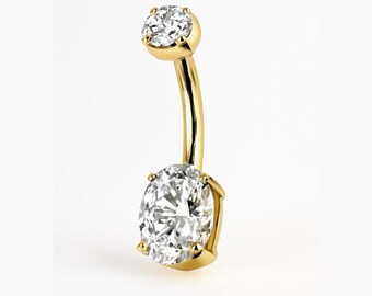 Grace 14K Yellow Gold Moissanite Belly Button Ring,Trendy Body Jewelry, Belly Button Piercing, prong setting Internally Threaded