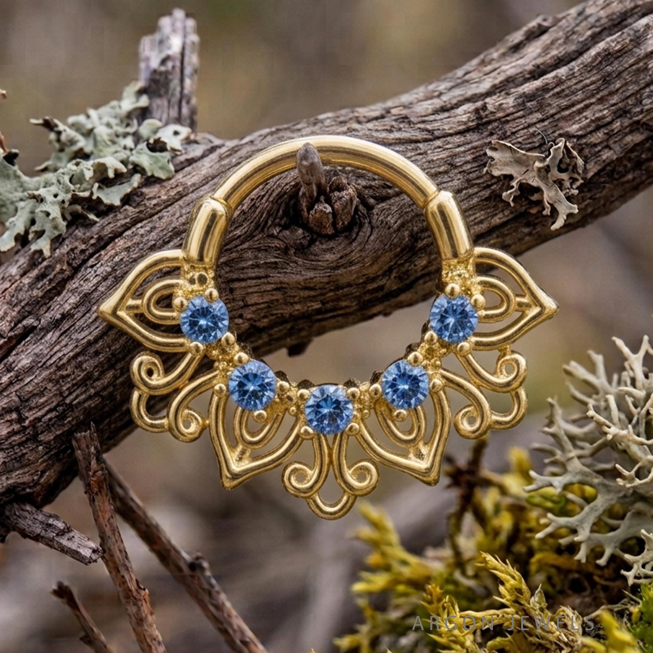 Josefína Yellow Gold Septum Ring Blue Gemstone, Filigree Nose