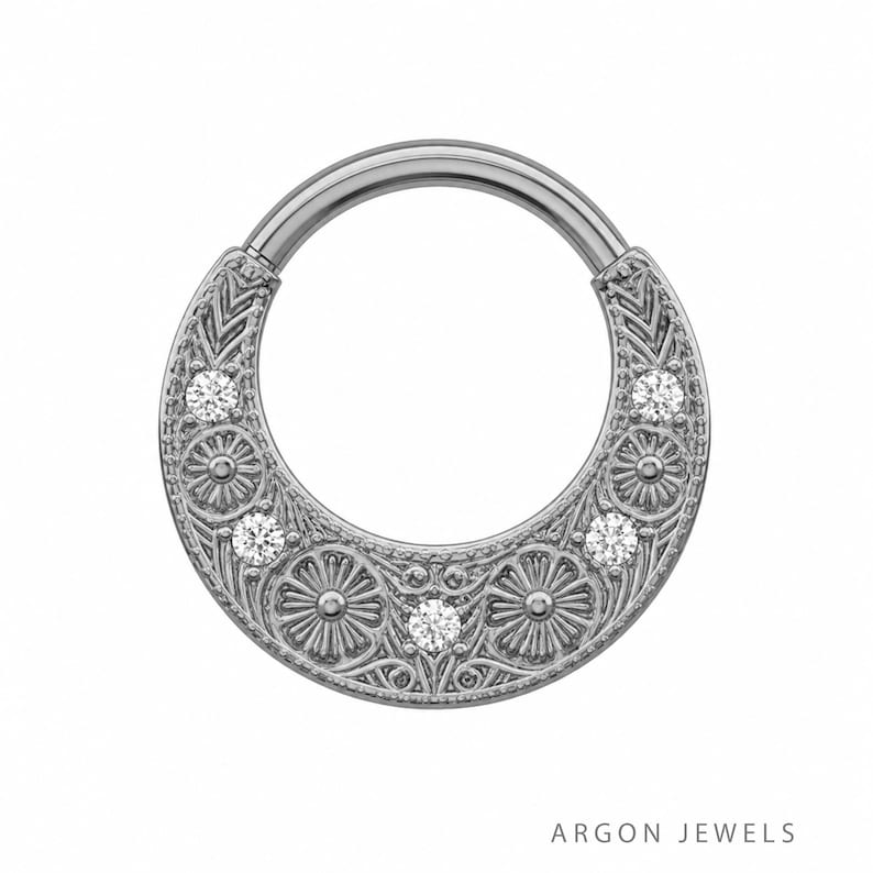 Azzurra Gold Floral Septum Ring With Crystals, Elegant Boho Nose Hoop ...