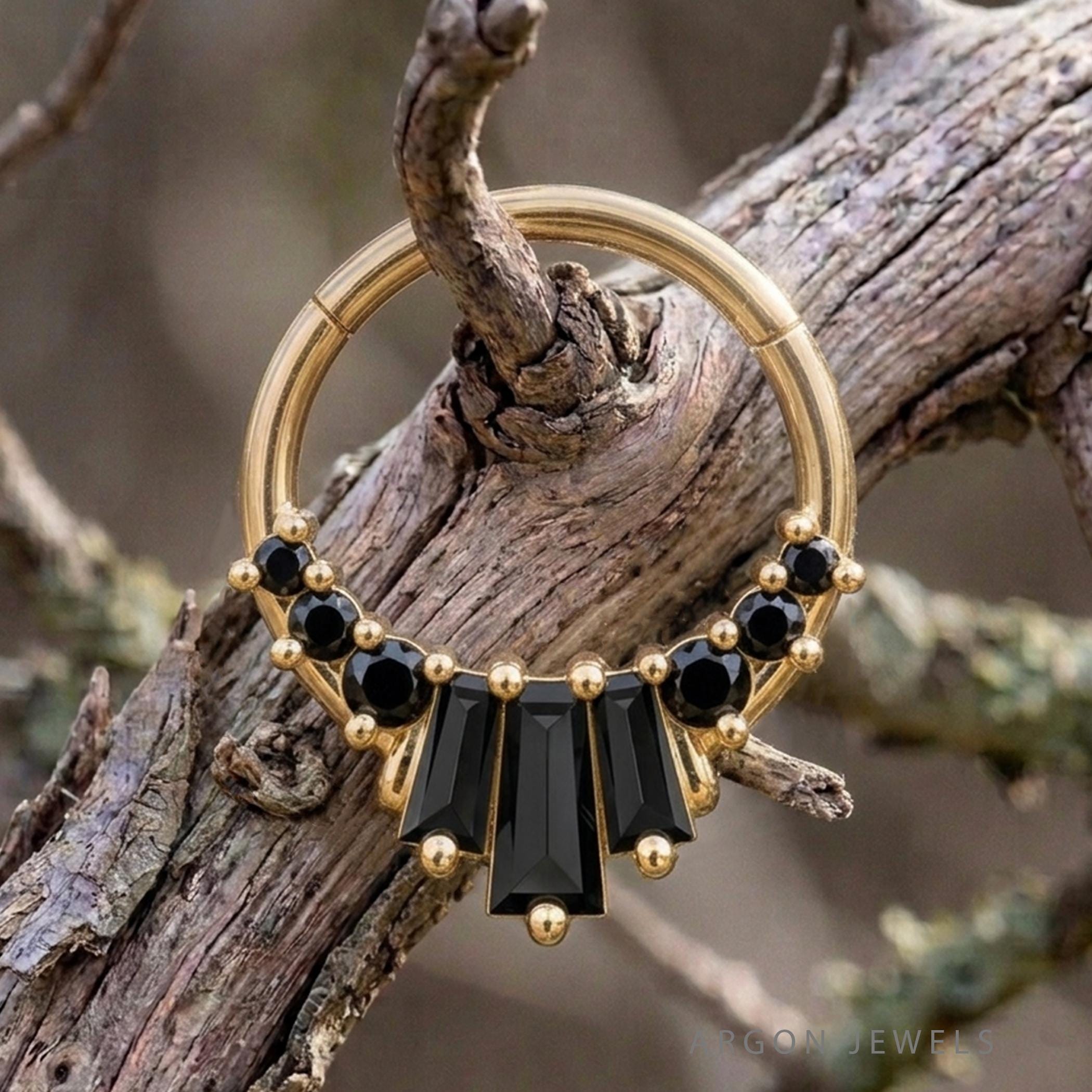 Urte 14K Gold Black Onyx Septum, Luxury Clicker Nose Ring, Gothic