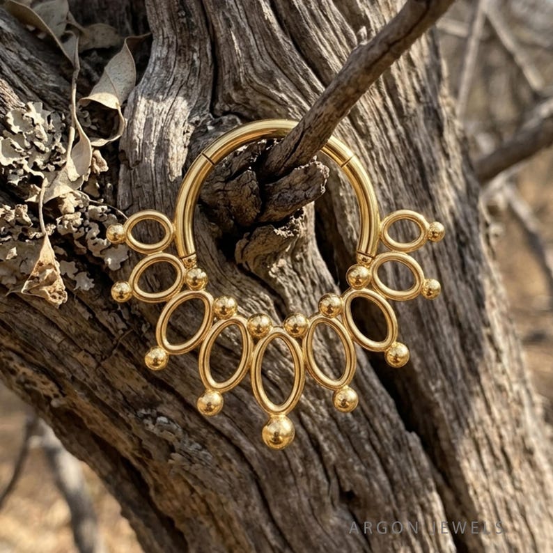 Dawn 14K Yellow Gold Ornate Septum Clicker Ring, Beaded End Crown ...