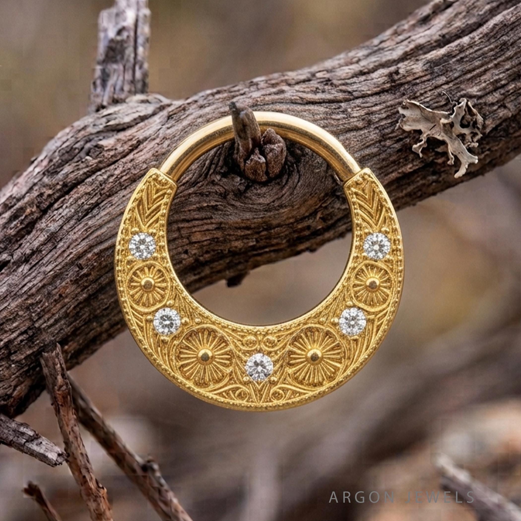Azzurra Gold Floral Septum Ring with Crystals, Elegant Boho Nose Hoop, Vintage Style Piercing Jewelry, Gift For Her