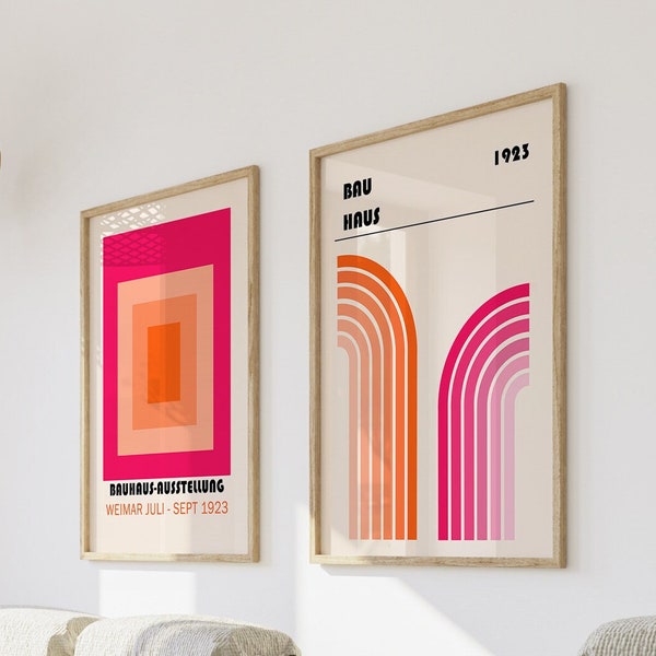 Bauhaus Druck Set | Pink Orange Digitale Wandkunst | Geometrische Wandkunst | Mid Century Modern Ausstellungsposter