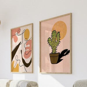 Funky Wall Art Set | Preppy Room Decor | Aesthetic Boho Set of 2 | Triptych Wall Art | Cactus Digital Wall Art