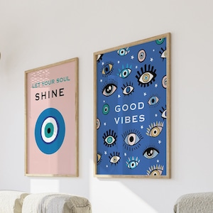 Evil Eye Wall Art Print | Pink Boho Wall Decor | Mid Century Modern | Digital Download