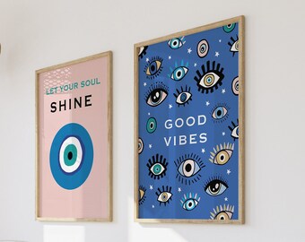 Evil Eye Wall Art Print | Pink Boho Wall Decor | Mid Century Modern | Digital Download