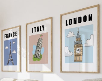 Ensemble de 3 affiches de voyage | Art mural imprimable | Mur de galerie moderne | Londres Paris Italie | Big Ben Tour Eiffel Tour de Pise