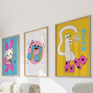 Set of 3 Cat Pop Art Prints | Mid Century Modern Wall Decor | Printable Digital Download
