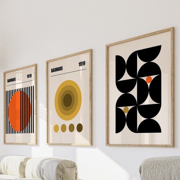 Mid Century Modern Bauhaus Wall Art Prints, Set of 3 Poster Boho Yellow Black Orange Printables, Living Room Decor, Digital Download