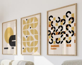 Set of 3 Bauhaus Wall Art Prints | Mid Century Modern Printable Art | Preppy Room Decor | Trendy Housewarming Gift