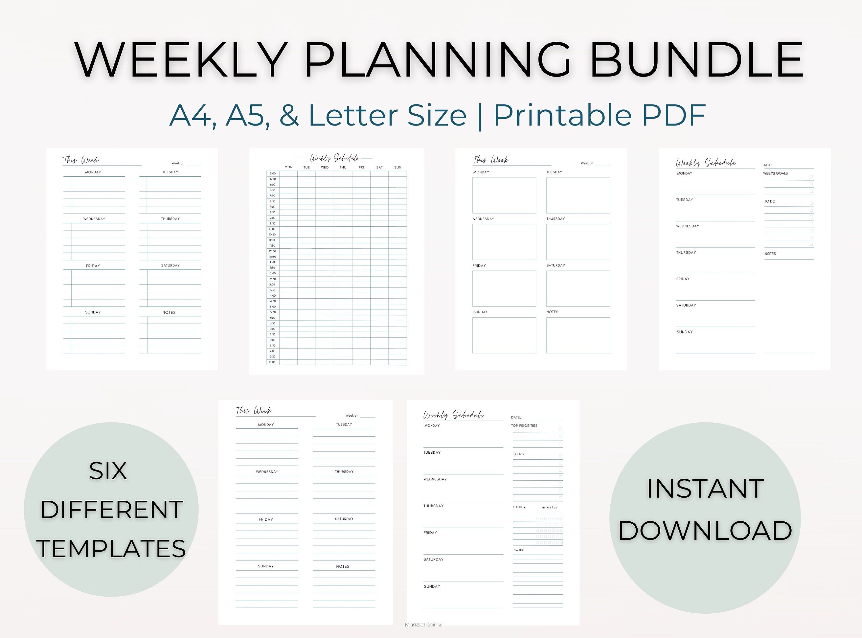 Weekly Planner Printable SIX TEMPLATE BUNDLE, Week at a Glance, Weekly ...