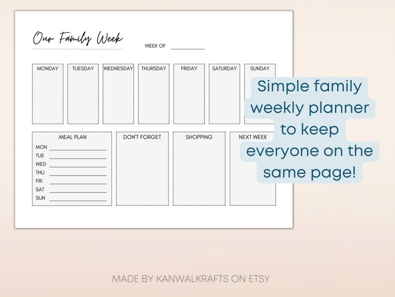 Weekly Family Planner Printable Template, Week at a Glance, Meal ...