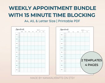 15 Minute Appointment Planner, Printable Appointment Tracker, 2 Templates with Weekday Planner and Weekly Planner, A4/A5/Letter