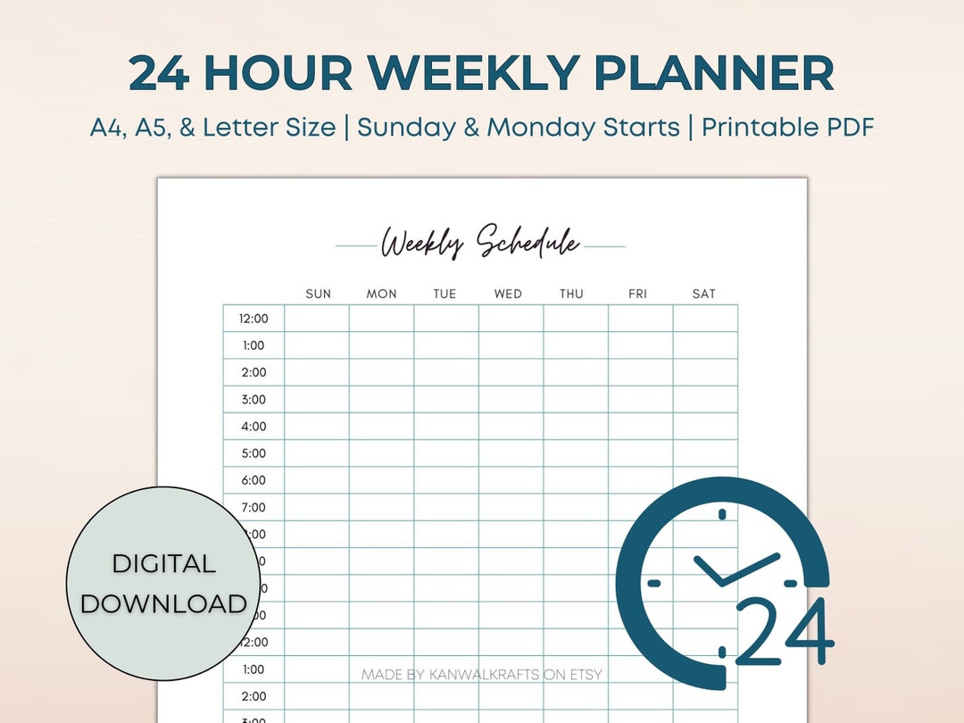 24 Hour Weekly Schedule, Printable Planner With Time Blocking, A5/a4 ...
