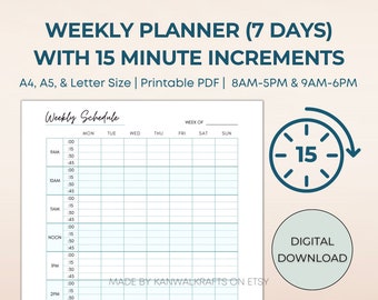 15 Minute Planner, Printable Weekly Schedule, Time Blocking, 7 Days, A4/A5/Letter