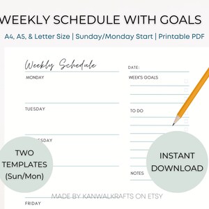 Weekly Planner + Goal Tracker, Printable Schedule Planner, To Do List, Week At a Glance, Weekly Organizer, A4/Letter