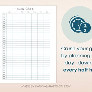 Half Hour Planner, Printable Weekly Schedule, Time Blocking, 30 Minute ...
