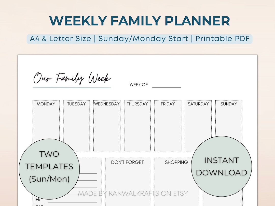 Weekly Family Planner Printable Template, Week at a Glance, Meal ...