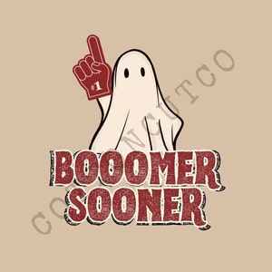 Retro Boomer Sooner University of Oklahoma Football Halloween Ghost with Foam Finger Shirt Tumbler Wrap Sticker Sublimation PNG Boom Soon