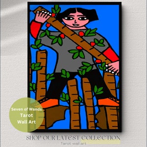 Arte digital imprimible de la carta del Tarot Siete de Bastos: arte de tarot para imprimir en casa, adivinación, arte de oráculo, decoración de tarot, arte místico