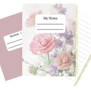 Puede incluir: Un cuaderno con un diseño floral con rosas rosas y melocotón, flores moradas y el texto "My Notes" en la portada. Un segundo cuaderno es visible con el texto "Section 1". Las páginas tienen líneas y pestañas.