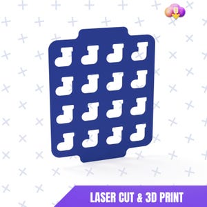 May include: A dark blue rectangular design featuring cut-out white stocking shapes. The text "LASER CUT & 3D PRINT" is displayed on a purple banner at the bottom. The background has a pattern of white plus signs.