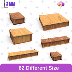 Può includere: Una collezione di scatole di legno di varie dimensioni, che mostrano una finitura naturale con venature del legno. Le scatole hanno una forma rettangolare con bordi in legno a contrasto. Include il testo "62 Different Size".