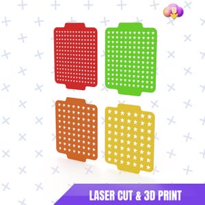 Peut inclure: Quatre objets rectangulaires colorés, découpés au laser et imprimés en 3D. Chaque objet est d'une couleur différente : rouge, vert, orange et jaune. Chacun a un motif d'étoiles blanches. Le texte "LASER CUT & 3D PRINT" est en bas.