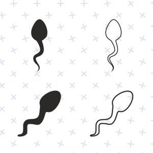 May include: Four black and white illustrations of sperm cells on a white background with a pattern of small blue plus signs.