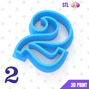 May include: A bright blue number 2 cookie cutter. The number is in a cursive font. The image also includes the text "STL" and "3D PRINT". The background is white with small plus signs.