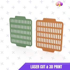 Peut inclure: Deux objets rectangulaires découpés au laser avec un motif de grille. L'un est vert olive, l'autre est de couleur orange brûlé. Le texte "LASER CUT & 3D PRINT" est affiché sur une bannière violette en bas.