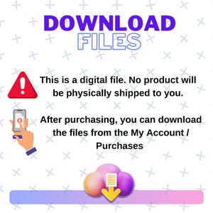 Puede incluir: Un gr&aacute;fico de descarga digital con un signo de exclamaci&oacute;n rojo, una mano tocando la pantalla de un tel&eacute;fono con un icono de descarga y una nube con un icono de documento y una flecha hacia abajo. El texto dice "DESCARGAR ARCHIVOS. Este es un archivo digital. No se enviar&aacute; ning&uacute;n producto f&iacute;sicamente. Despu&eacute;s de comprar, puede descargar los archivos desde su cuenta / Compras."