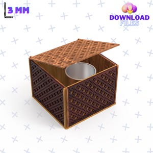 May include: A wooden box with a decorative lattice pattern and a removable lid. The box is open and a silver metal cup is inside. The box is 3 mm thick.