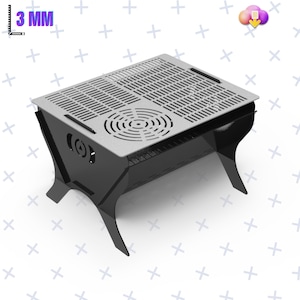 May include: A black metal portable barbecue with a removable, silver-coloured grill grate. The barbecue has a circular vent in the centre of the grate.