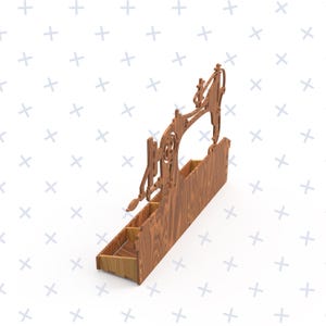 Puede incluir: Organizador de madera con forma de m&aacute;quina de coser con cuatro compartimentos. El organizador est&aacute; hecho de madera marr&oacute;n claro y tiene un dise&ntilde;o recortado de una m&aacute;quina de coser.