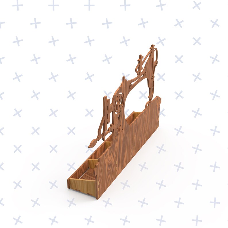 Puede incluir: Organizador de madera con forma de m&aacute;quina de coser con cuatro compartimentos. El organizador est&aacute; hecho de madera marr&oacute;n claro y tiene un dise&ntilde;o recortado de una m&aacute;quina de coser.