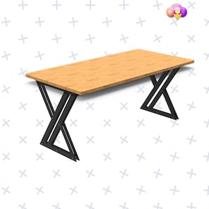 May include: A wooden table top with a black metal X-shaped base. The table top is light brown and the base is black.