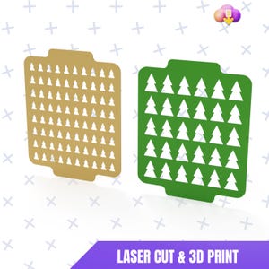May include: Two laser-cut decorative panels, one gold and one green, each with a grid of small Christmas tree shapes. The panels are rectangular with rounded corners. The text "LASER CUT & 3D PRINT" is displayed on a purple banner.