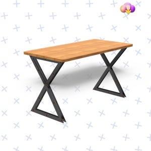 Op de afbeelding: Een houten tafel met een rechthoekig blad en zwarte metalen poten. De poten zijn X-vormig en hebben een driehoekig ontwerp.