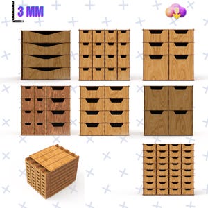 May include: A collection of wooden storage boxes in various configurations. The boxes are made of light-colored wood with dark interiors. The image shows multiple arrangements of the boxes, including stacks of different sizes and a single open box.