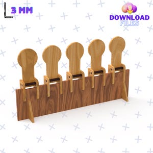 May include: A wooden target stand with five targets, each with a circular cutout. The stand is made of plywood and has a brown wood grain finish. The targets are attached to the stand with metal clips. The stand is 3 mm thick.