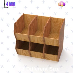 Könnte beinhalten: Ein Holz-Aufbewahrungsorganisator mit sechs Fächern, angeordnet in zwei Reihen. Der Organizer ist aus hellem und dunklem Holz gefertigt, mit sichtbarer Holzmaserung. Der Text "Different Size" befindet sich am unteren Rand des Bildes.