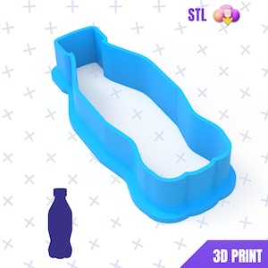 May include: A bright blue plastic bottle-shaped cookie cutter. The cutter has a detailed outline of a bottle, with a rounded base and a narrow neck. The image also includes a dark blue bottle silhouette and the text "3D PRINT".