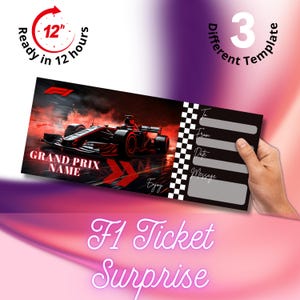Billet F1 personnalisable / Grand Prix de F1 / Billet Formule 1 / Billet surprise imprimable / Billet de course / Carte-cadeau