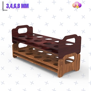 Peut inclure: Un support en bois à deux niveaux avec 18 trous ronds, idéal pour organiser et présenter de petits objets. Le niveau supérieur est de couleur acajou foncé, tandis que le niveau inférieur est en bois brun clair. Le support mesure 3,4, 6,8 mm.